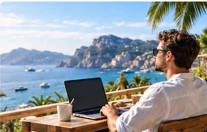 Digital nomad working by the coast